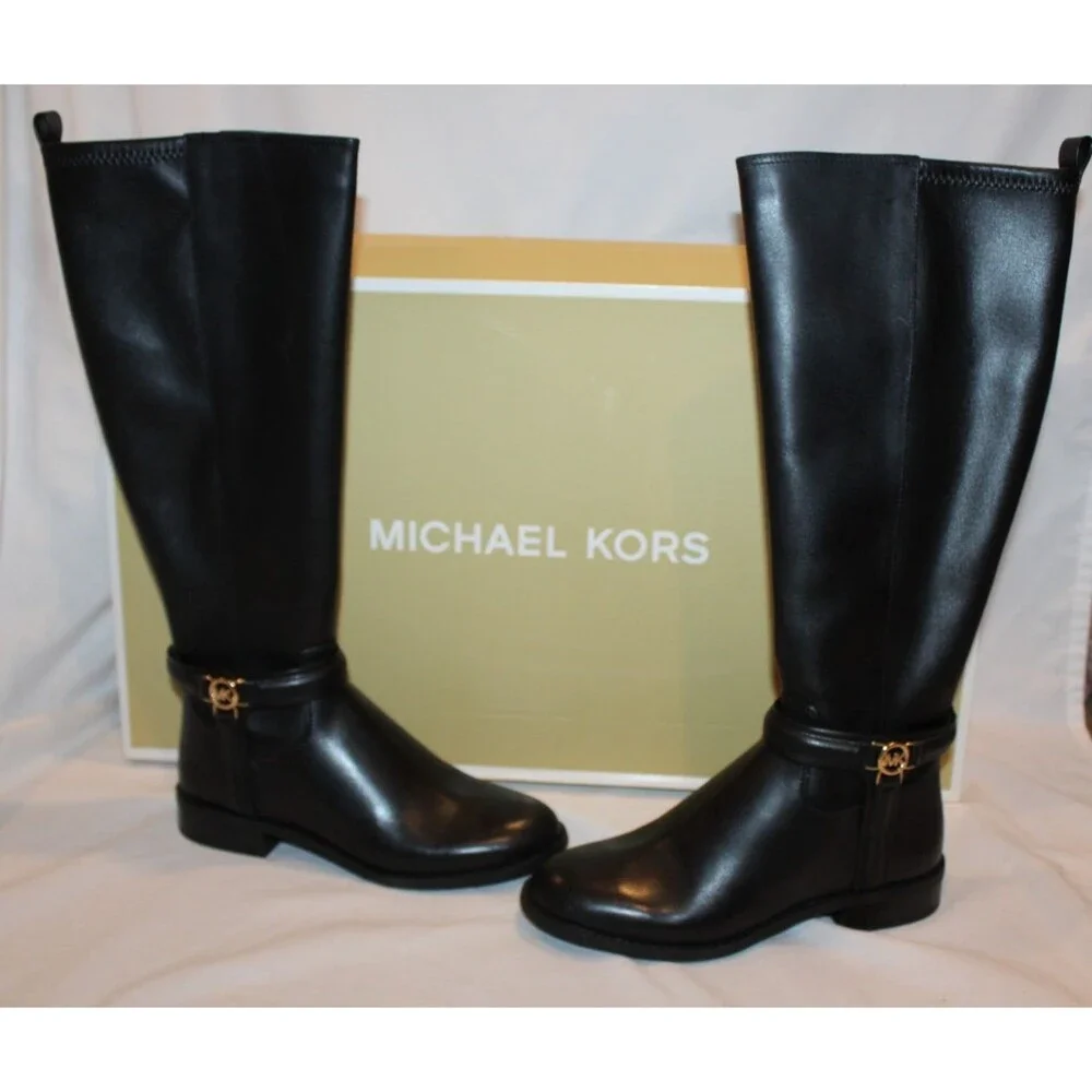 $375 Michael Kors Women's Mindy Flat Leather Tall Black Boots 5 W